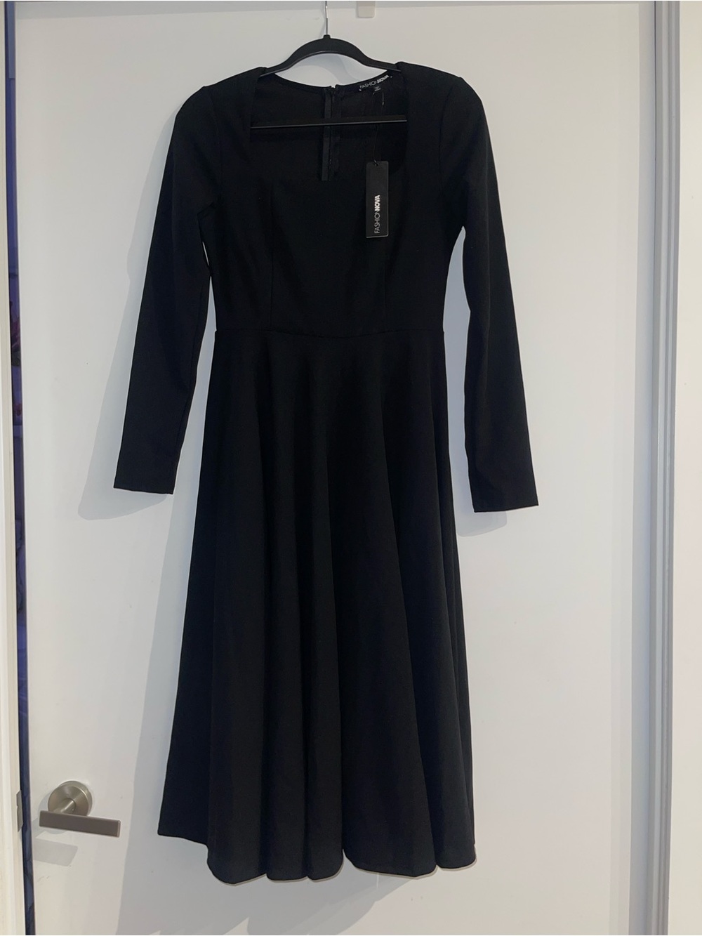 Fashion Nova Black Long-Sleeve Square Neck Fit & Flare Dress